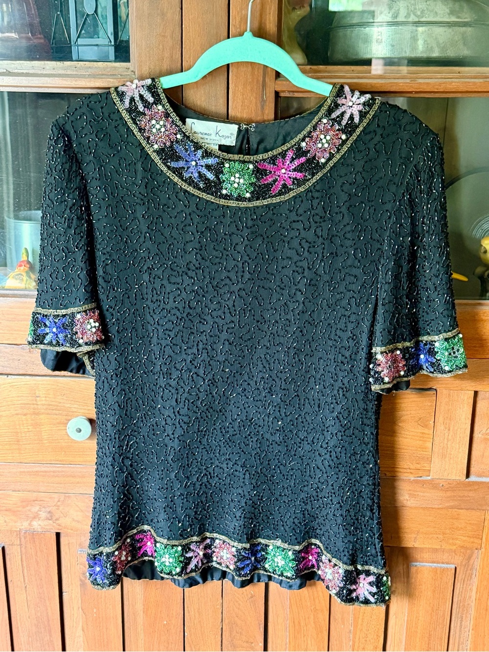 Vintage Laurence Kazar Silk Beaded Floral Sequin Top XL Evening Blouse